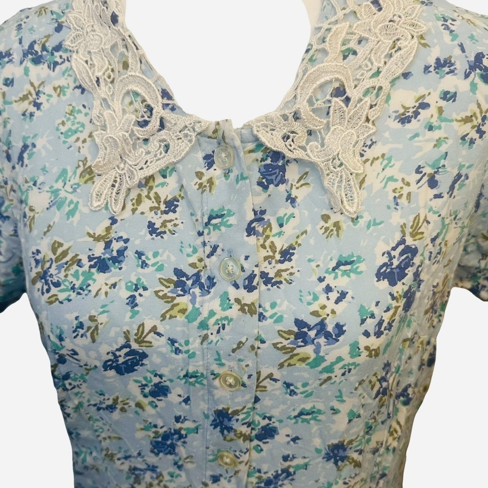 VTG 90s Romantic Milkmaid Grunge Button-Up Maxi Dress Floral Cottage Lace Collar